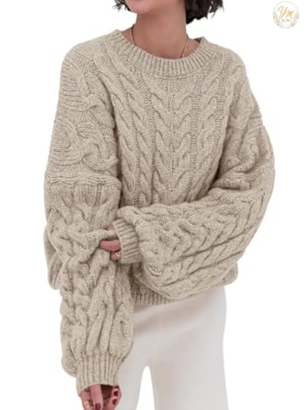 Oversized Cable Knit Sweater Women Crewneck Chunky Pullover Fall Winter
